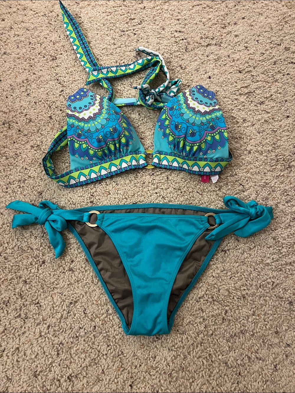 Victoria's Secret Teal & Blue Printed Halter Bikini Set